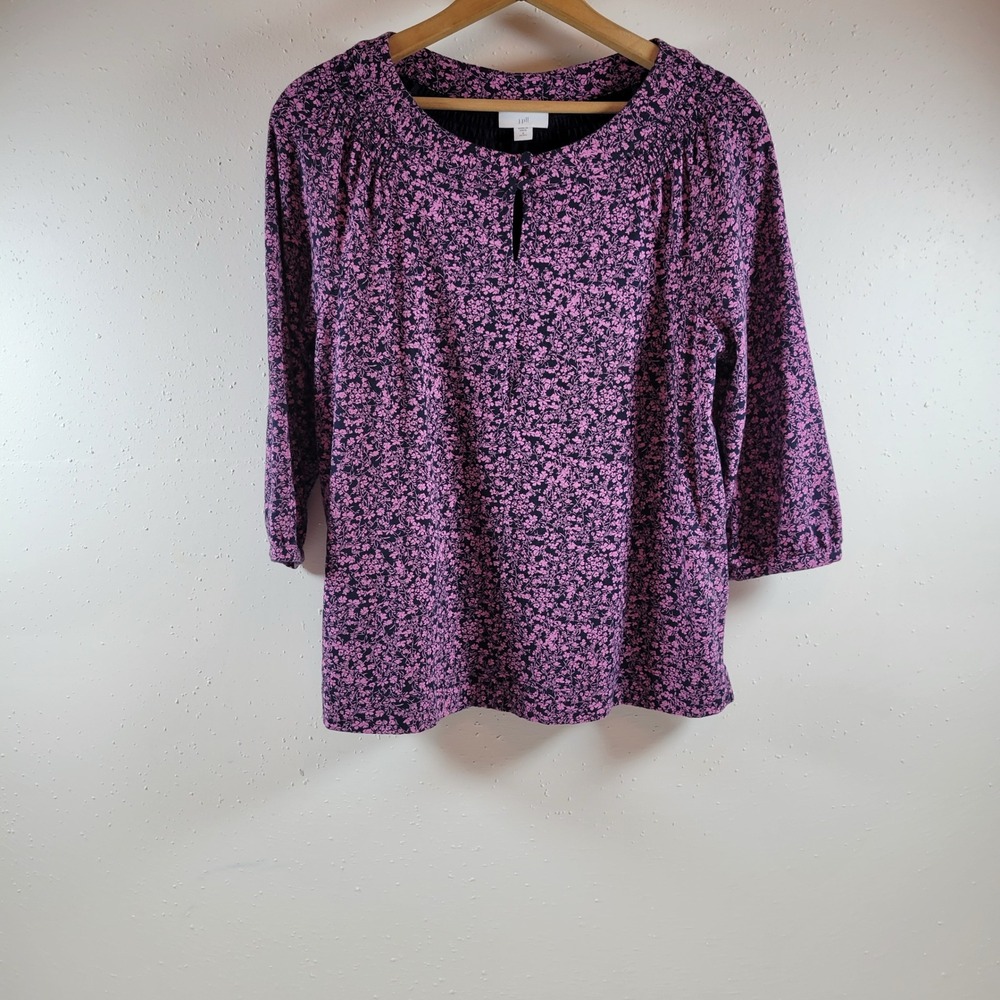 J. Jill Blouse Womens Small Petite Pink Excellent Floral‎ Keyhole 3/4 Sleeve Top